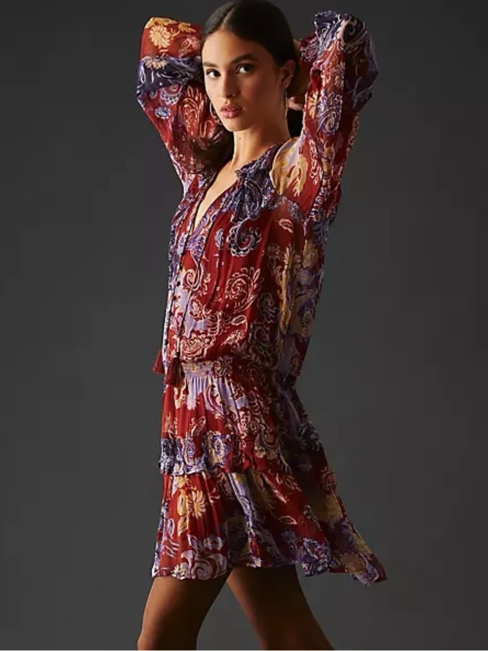 Anthropologie Burgundy, Lavender & Mustard Floral Pleated Dress